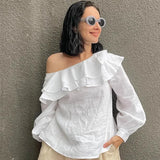  MQTIME  -  European and American Commuter Women's French Style White Cotton Ruffled Asymmetric Collar Shirt