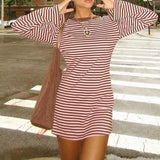﻿ MQTIME  -  Striped A-line Mini Casual Dress Women Fashion O Neck Long Sleeve Loose Streetwear Holiday Outfits 2025 Autumn Party Clubwear