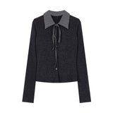 MQTIME  -  Polo Collar Plaid Bow Lace-up Casual Long-sleeved Shirt Women 2025 Spring New Korean Single-breasted Threaded Knitted Tops