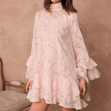 MQTIME  -  Elegant Lace-up Pure Color Ruffle Short Dress Spring Summer Women Loose Swing Dress French Style Half High Collar Jacquard Dress