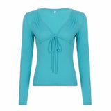  MQTIME  -  Folds Patchwork Solid V Neck Long Sleeve Temperament All Match Lace-up Women's T-shirts