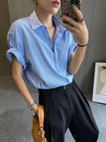 MQTIME  -  Blue Striped Short Sleeved Shirt For Women'S Summer New Minimalist And Versatile Style, Slim And Loose Collar Shirt