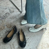  MQTIME  -  Vintage Rivet Bowknot Women Ballet Pumps Comfortable Soft Leather 3cm Thick Heeled Lazy Loafers Spring Summer Casual Girls Shoes