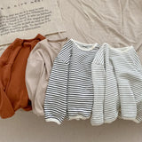  MQTIME  -  Spring Kids Basic Tee Unisex Striped Long Sleeve T-Shirt Soft Cotton Round Neck Casual Top