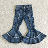  MQTIME  -  Baby Girls Denim Western Brown Cow Print Bell Bottom Kids Children Toddler Flared Pants Double Lace Pocket Jeans
