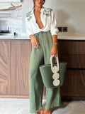 MQTIME  -  Casual Green Print Shirts Set Women Loose Single Breasted Blouses Pleated Drawstring Wide Leg Pants 2024 Summer Lady Outfit