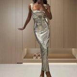 MQTIME  -  Sexy Women Backless Solid Long Dress Fashion Sleeveless High Waist Slim A-line Dress Elegant Sequin Hollow Suspenders Dress