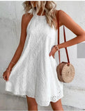 MQTIME  -  Fashion Hollow Out Lace Dress Sleeveless Halter Mini Dress Embroidery Cotton White Dress Round Neck Summer Vestidos
