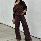  MQTIME  -  Women Lounge 2 Pieces Outfits Solid Color Off the Shoulder Long Sleeve Loose Fit Sweatshirt Tops and Wide Leg Pants Matching Set