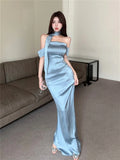 MQTIME  -  Satin Halter Sleeveless Transparent Slip Solid Zip Up Elegant Sexy Maxi Prom Dress Summer Women Wedding Party Vestido Outfit