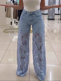 MQTIME  -  Plus Size Women's Stretch Denim Jeans With Cut-Out Lace Splicing Summer New High Waist Wide Pants Elegant Female Chic Trousers