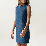 MQTIME  -  Spring O Neck Slim Straight Dress Vintage Strawberry Print Denim Dresses Women Summer Sleeveless Backless Tie-up Mini Dress