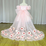 MQTIME  -  Elegant Arabic Pink Girl Dress with Flowers Dubai Baby Kids Princess Birthday Wedding Party Holiday Gown 2024 J254