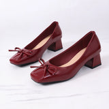 MQTIME  -  Elegant Ballet Wine Red Bowknot Medium Heel Pumps Women Summer Classic Square Toe Thick Heel Pumps Women Black Office Shoes