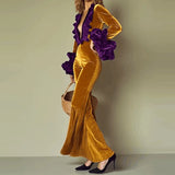 MQTIME  -  Women Elegant Petal Sleeves Ruffles Long Rompers Fashion Color Clashing Slim Playsuits Sexy Deep V-neck Velvet Flared Jumpsuits