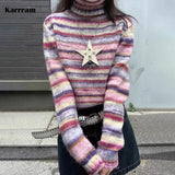 MQTIME  -  Japanese Y2k Turtleneck Sweater Vintage Rainbow Striped Pullover Korean Fashion Knitted Jumper Harajuku Grunge Knitwear