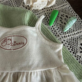 MQTIME  -  Korean Spring Children Girl 2pcs Clothes Set Cartoon Sling Top Solid Ribbed Knitted Cardigan Floral Print Pant Baby Girl Outfits