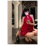 MQTIME  -  Summer Women Red Dress Hanging neck Design Sexy Europe and America Fashion Temperament 2024 NEW Female Sleeveless Solid Dress