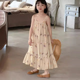 MQTIME  -  2024 Summer Children Girls Sling Dress Cotton Floral Prited Toddler Girl Vestidos Loose Large Hem Young Baby Girl Princess Dress