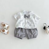 MQTIME  -  0-3Y Summer Boys Gentleman Suit Toddler Cartoon Print Short Sleeve Shirt with Bow Tie & Shorts Sets Boys Birthday Baby Clothes