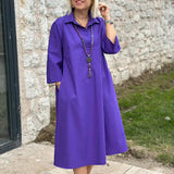 MQTIME  -  Spring Summer 3/4 Sleeved Loose Shirt Dress Office Lady Lapel Pockets Solid A-line Dress Simple Temperament Commuting Midi Dress