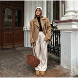 MQTIME  -  Elegant Medium Coats Women Turn-down Collar Full Sleeve Double Breasted Pocket Parka 2025 Autumn Chic Female Casual Outerwear