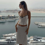 MQTIME  -  Chic Polka Dot Sling Top Set Women Casual Sleeveless Off-shoulder Slim Tops High Waist Midi Skirt Sets Lady Vacation Outfit
