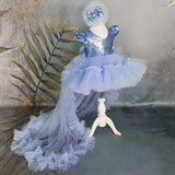 MQTIME Cyan Flower Girl Dresses Tulle With Bow And Tailing Short Sleeve For Wedding Birthday Party Banquet Princess Gowns