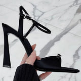 MQTIME  -  Sparkling Diamond Buckle Stiletto Heels Women's New Black Versatile Slotted Buckle Strap Open Toe Square Toe Sandals