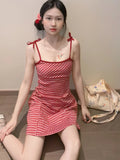 MQTIME  - Y2k Red Spaghetti Strap Summer Dress Plaid A-line Strapless Mini Dresses for Women Korean Fashion Slim Cutecore Clothes