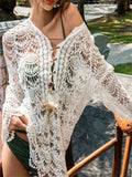MQTIME  -  Cover Up Office Women Turkish Retro Plage Loose Dress Feminine Shirring Elastic Embellished Simple Frill Contrast Crochet Resort