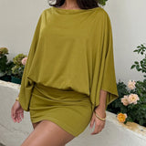 MQTIME  -  Metal Chain Backless Drape Patchwork Bodycon Mini Dress Women Sexy Batwing Sleeve Wrap Hips Slim Party Clubwear Vacation Outfits