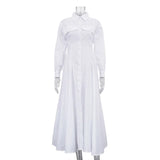  MQTIME  -  Spring Pleated Single-breasted Shirt Skirt New Lapel Long-sleeved High-waisted Temperament White Dress