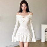 MQTIME  -  Spicy Girl Sexy Short Dress Women Spring Summer Hollowed Out Off Shoulder Pleated Dress Slim Waist Wrapped Hip White Dress