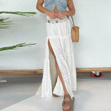 MQTIME  -  Fashion Split Pleated Loose Long Skirts Sexy Lace Splicing Design Half-body Skirt Women Elegant Elastic Waist Solid Swing Skirt