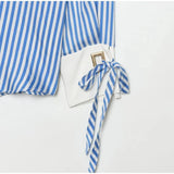  MQTIME  -  Women Orange White Vertical Stripe Shirt Lapel Collar Long Sleeve Cuff Tie Loose Pocket Front Shirts Lady Oversize Casual Blouse