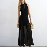 MQTIME  -  Fashion Solid High Waist Beach Holiday Dress Elegant Knitted Mesh Splice Perspective Dress Chic O-neck Irregular Fish Tail Dress