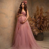 Mqtime Elegant Pink Sweetheart Maternity Dress for Photoshoot Lace Appliqued Tulle Babyshower Photography Dresses Pregnant Women Gowns