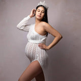 MQTIME  -  Off-the-shoulder Knitted Maternity Photo Shoot Long Dresses Hollow Out Lace Pregnancy Photography Dress Sides Slit Stretchy