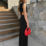 MQTIME  -  Elegant Hollow Out Irregular Evening Dress Women Sexy Slant Collar Slim Long Dress Fashion Hight Waist Solid Color Party Dresses