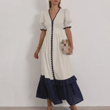 MQTIME  -  New Linen Contrast Cardigan Dress Design Sense Ruffle Sleeve Temperament Waist Slit Long Skirt
