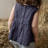 MQTIME  -  Girls Retro Mori Cotton And Linen Tank Top Summer New Back Buttons A-Line Ruffled Hem Kids Blouse Casual Linen Sleeveless Tops