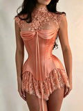 MQTIME  -  Custom Ivory High Neck Evening Dress Floral Lace Corset Prom Dresses Mini Vestidos De Noche Ruffle Formal Evening