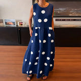 MQTIME  -  Round Neck Pocket Long Dress Summer Fashion Polka Dot Printed Draped Maxi Dress Casual Cotton Linen Loose Party Dresses