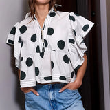 MQTIME  -  Women Button Pleated Lapel Collared Shirt Y2k Polkadot Print Short Flutter Sleeve Crop Top Ruffle Hem Babydoll Blouse