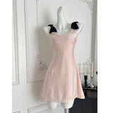 MQTIME  -  Sweet Bunny Short Dress Lace Trimmed Butterfly Knot Strap Mini Skirt Polyester Fiber Empire Waist Spring Summer Women's Dress