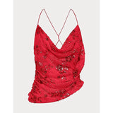 MQTIME  -  Women Summer Flower Embellished Sequin Beading Camisole Top Cowl Neck Thin Straps Open Back Asymmetrical Hem Vest