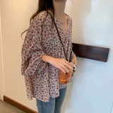 Mqtime V-neck Chiffon Shirt Women Sweet Tops Blouse Spring Korean Floral Print Long Sleeve Casual Loose Slim Lady Clothes New