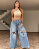 MQTIME  -  Summer New High Waist Retro Loose Hole Wide Leg Pants Light Color Washed New Jeans Women's Pants jeans