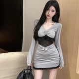 MQTIME  -  Sexy Low Chest V-Neck Lace Long Sleeve Dress Pure Lust Spice Girl Skinny Hollow Pleated Tights Hip Wrap Dress